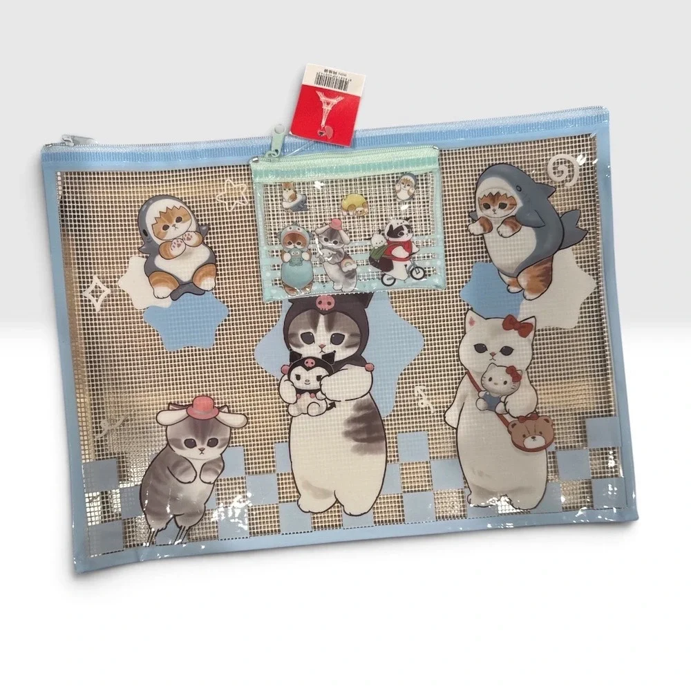 Mofusand Document and Mini Mesh Zip Pouch Bundle Blue Cat Stationery